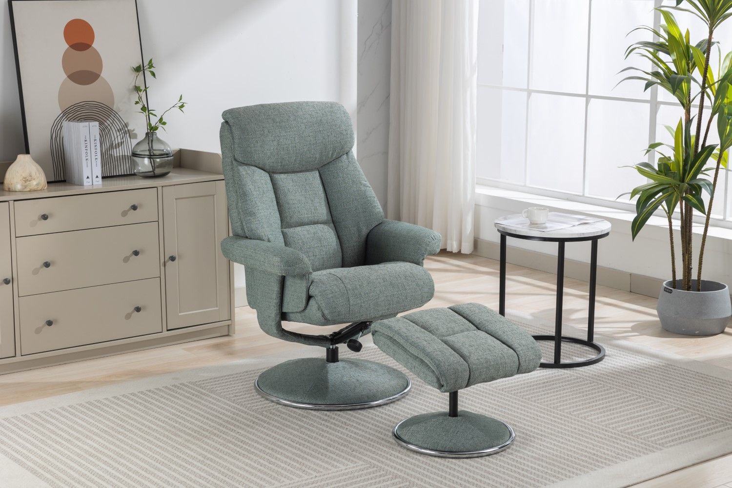 Teal Fabric Swivel Recliner With Footstool Chrome Trimmed