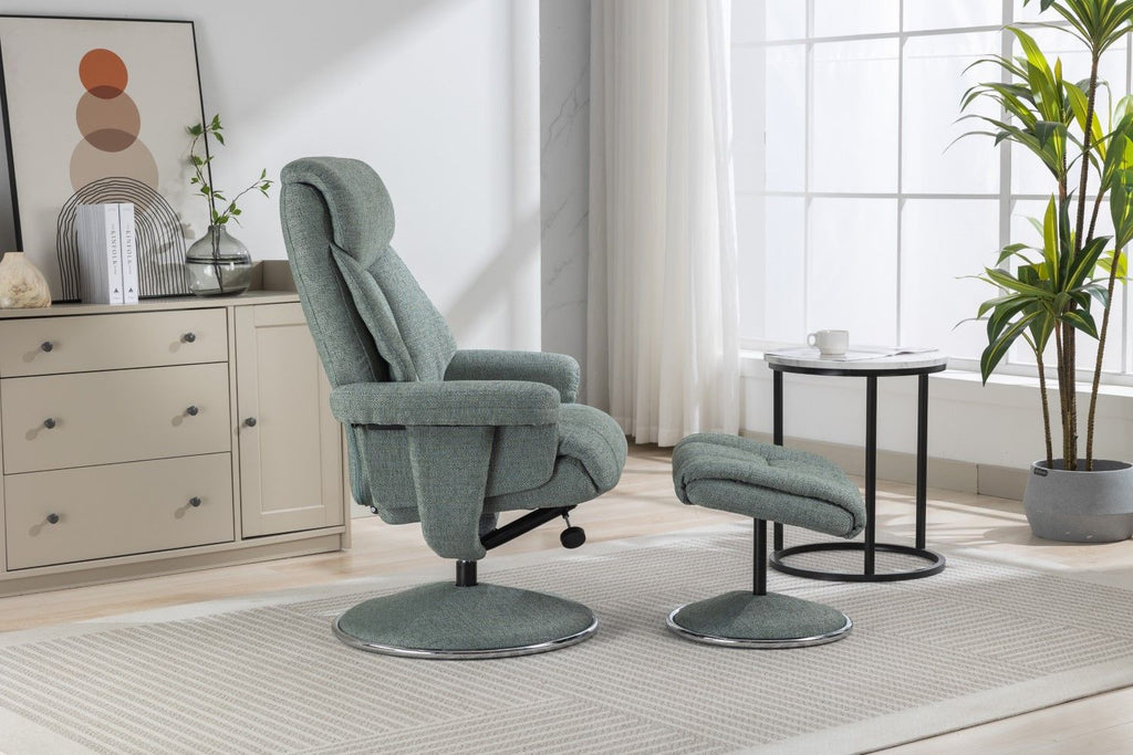 Teal Fabric Swivel Recliner With Footstool Chrome Trimmed