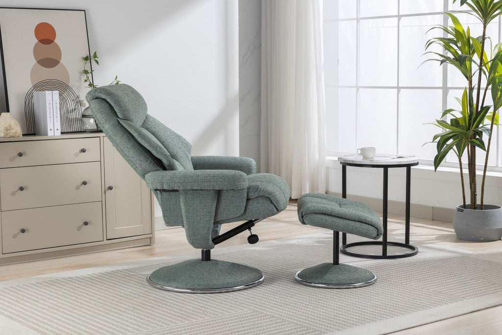 Teal Fabric Swivel Recliner With Footstool Chrome Trimmed