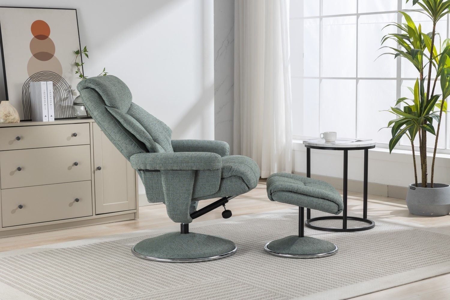 Teal Fabric Swivel Recliner With Footstool Chrome Trimmed