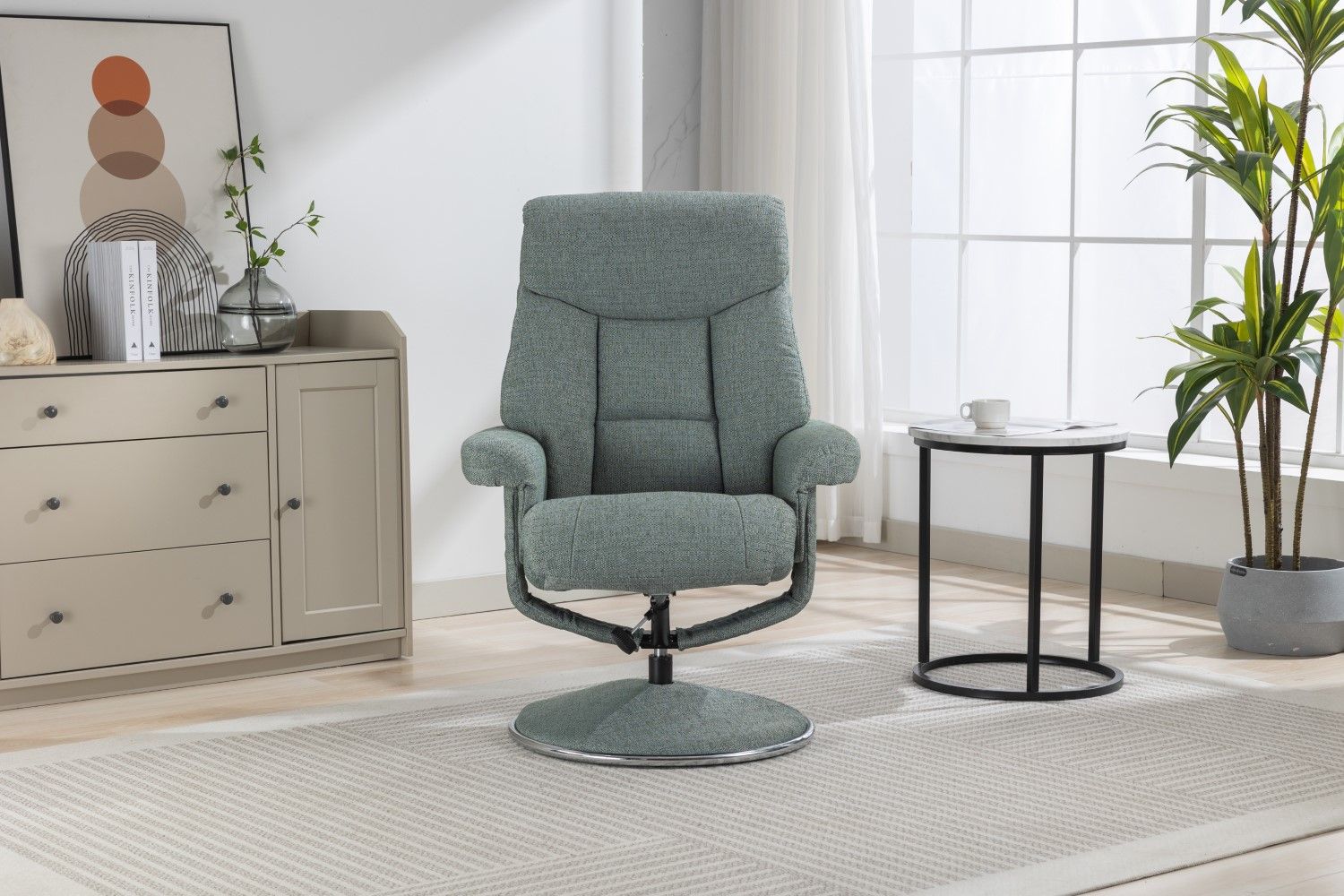 Teal Fabric Swivel Recliner With Footstool Chrome Trimmed