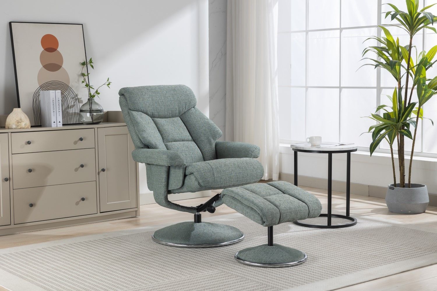 Teal Fabric Swivel Recliner With Footstool Chrome Trimmed