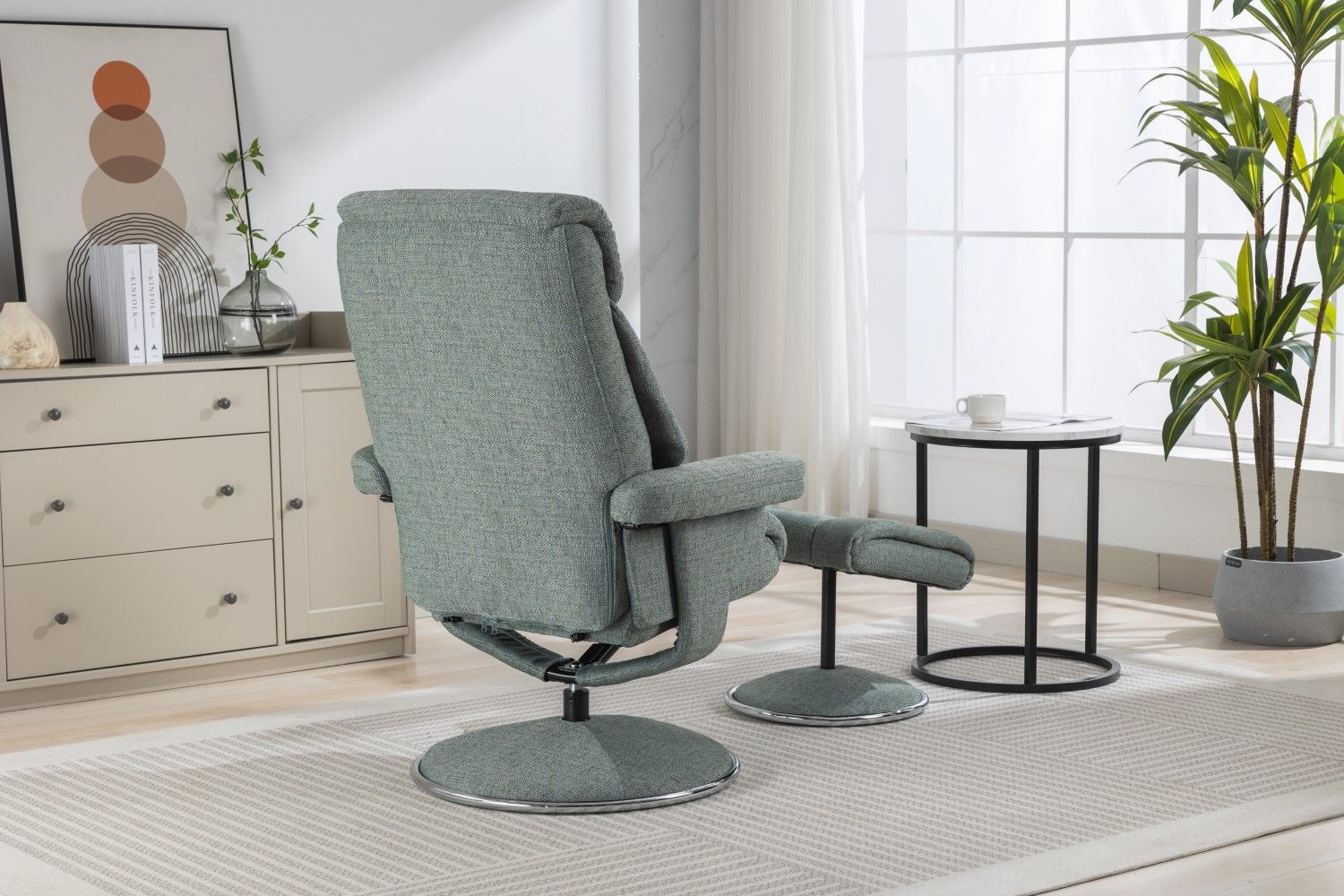 Teal Fabric Swivel Recliner With Footstool Chrome Trimmed