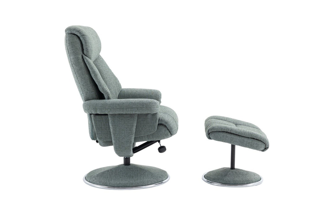 Teal Fabric Swivel Recliner With Footstool Chrome Trimmed