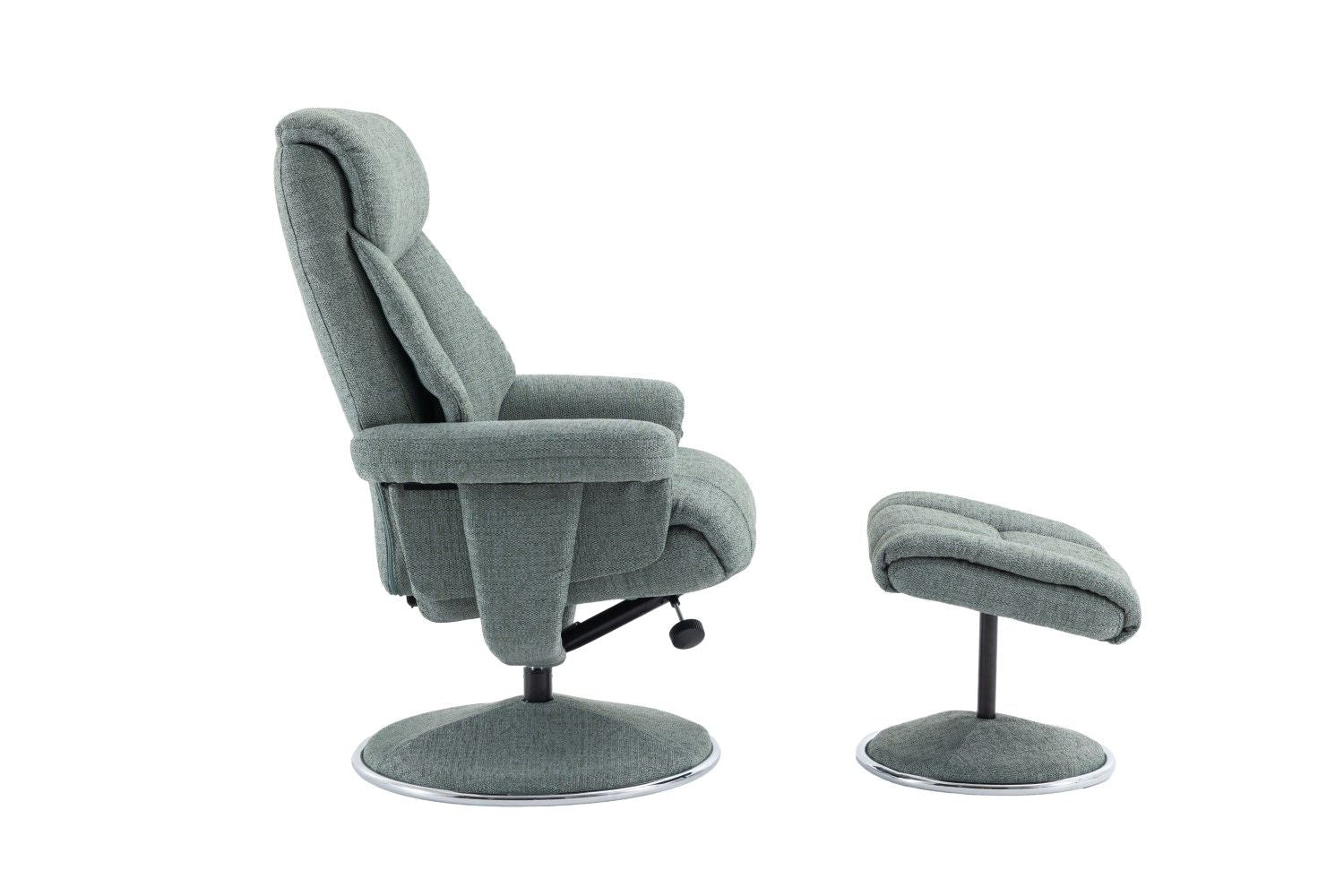 Teal Fabric Swivel Recliner With Footstool Chrome Trimmed