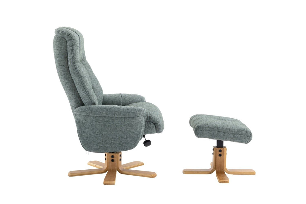 Teal Fabric Swivel Recliner with Footstool Oak Base - Home Furniture Interiors