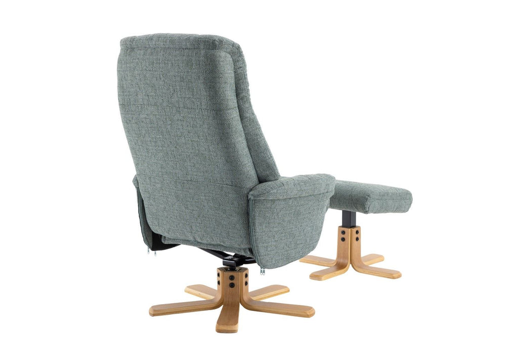 Teal Fabric Swivel Recliner with Footstool Oak Base - Home Furniture Interiors
