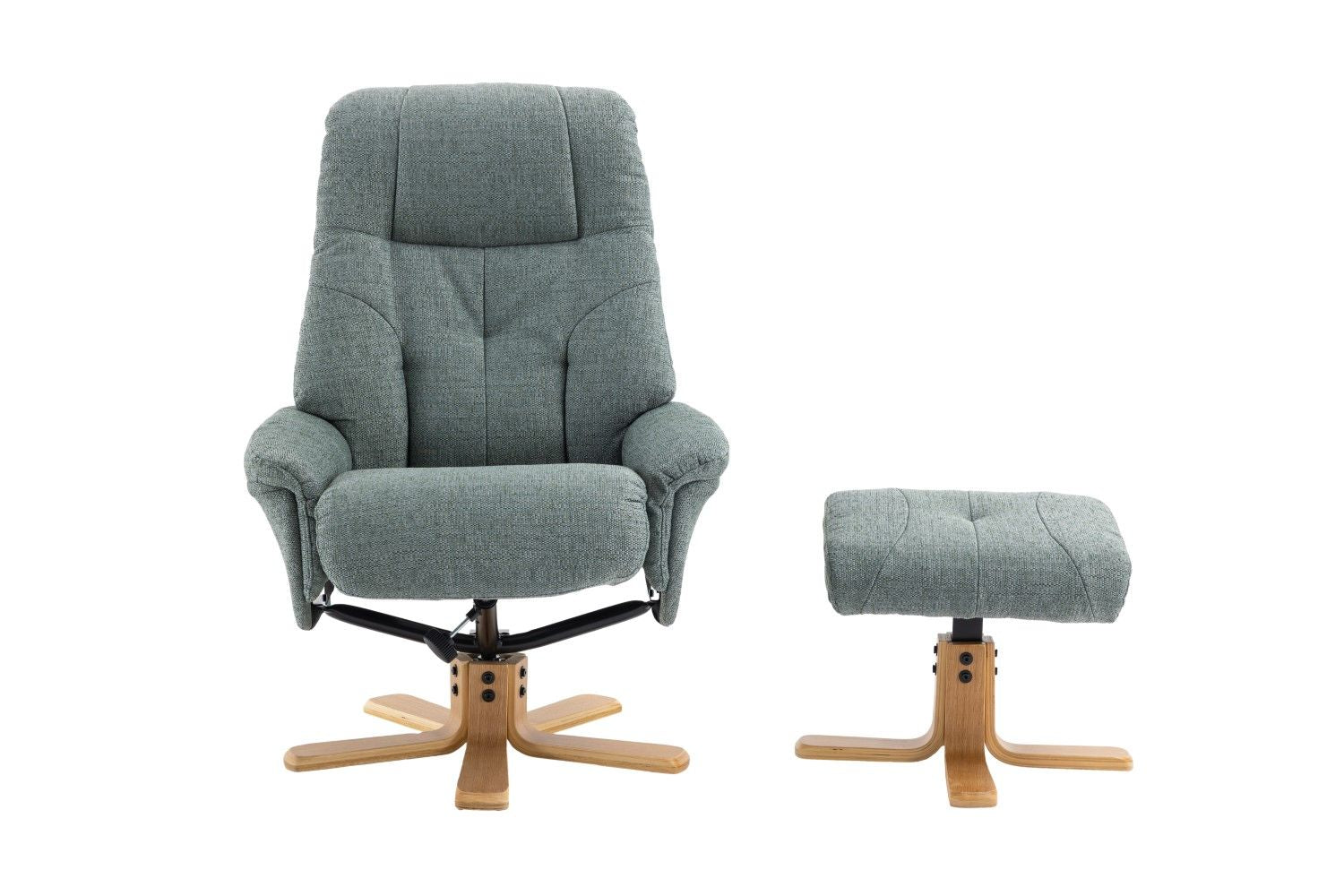 Teal Fabric Swivel Recliner with Footstool Oak Base - Home Furniture Interiors
