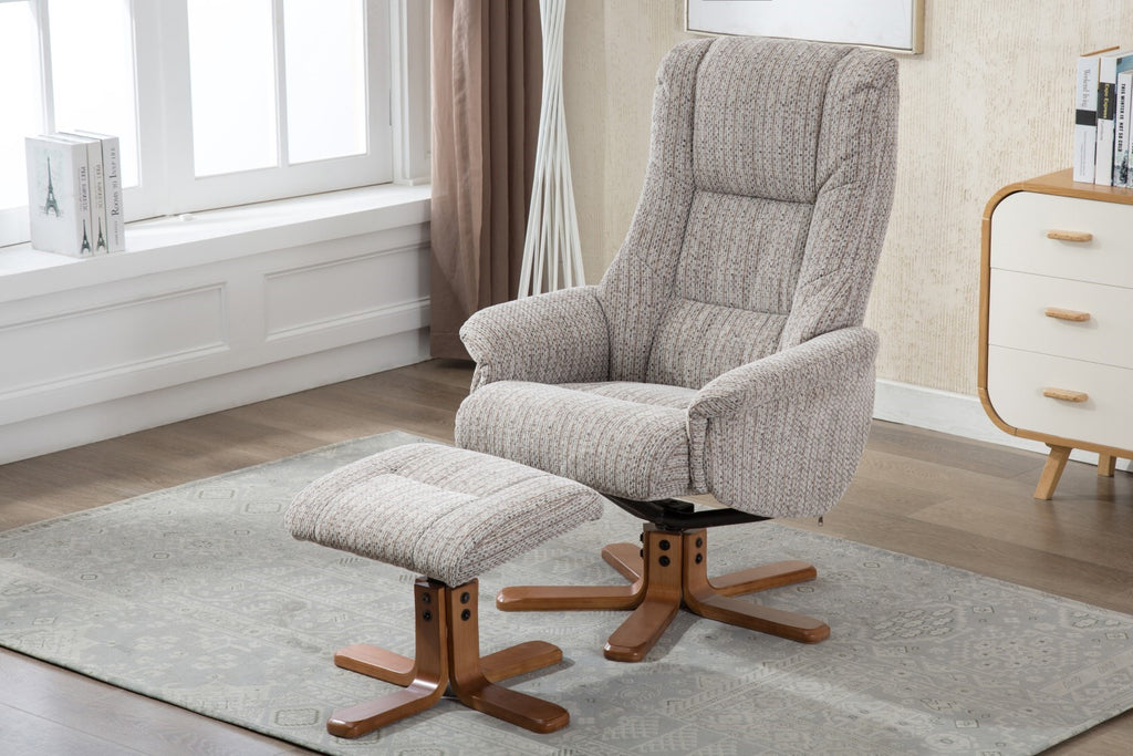 Wheat Fabric Swivel Recliner Chair with Footstool Oak Base