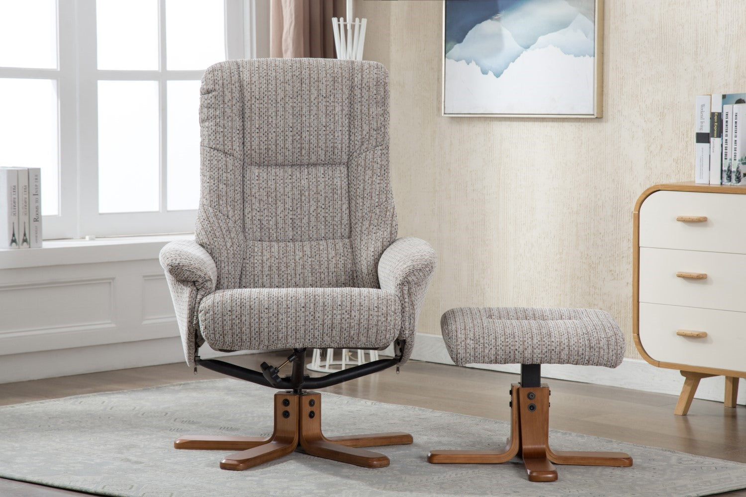 Wheat Fabric Swivel Recliner Chair with Footstool Oak Base