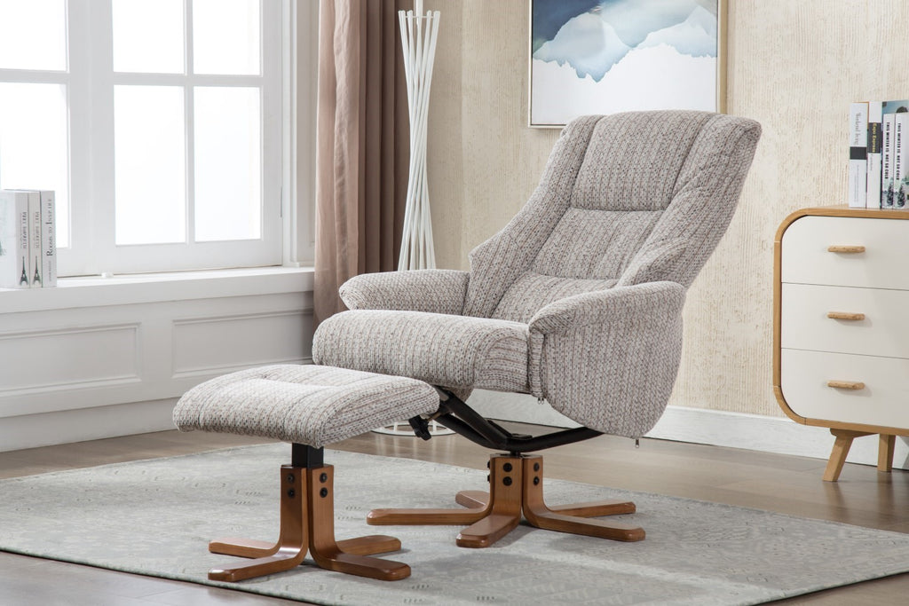 Wheat Fabric Swivel Recliner Chair with Footstool Oak Base
