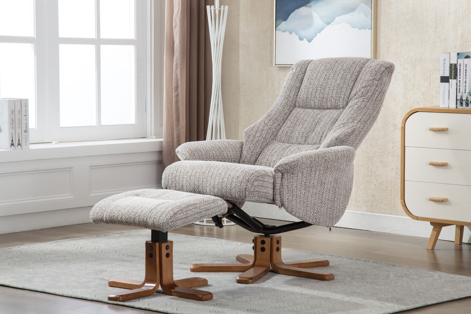 Wheat Fabric Swivel Recliner Chair with Footstool Oak Base
