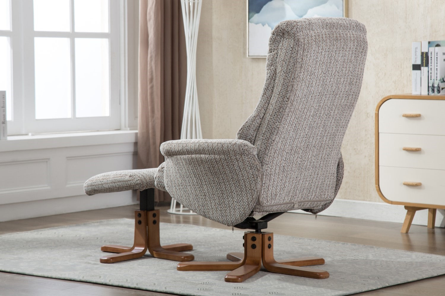 Wheat Fabric Swivel Recliner Chair with Footstool Oak Base
