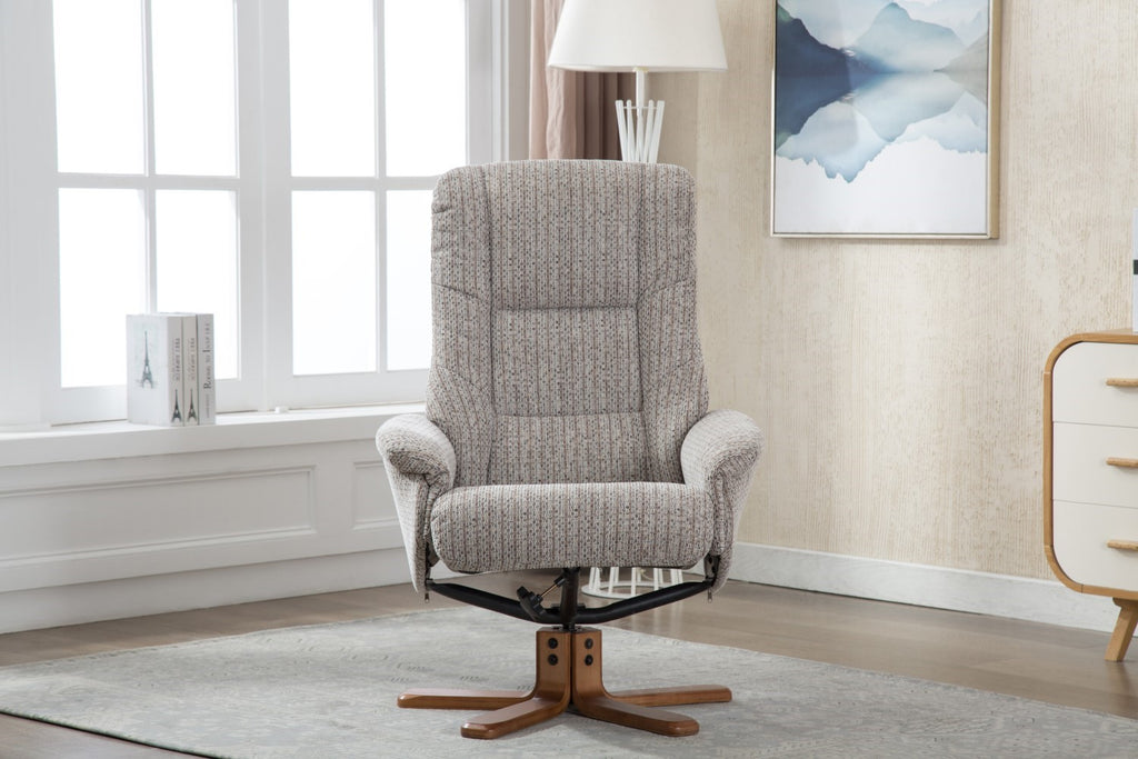 Wheat Fabric Swivel Recliner Chair with Footstool Oak Base