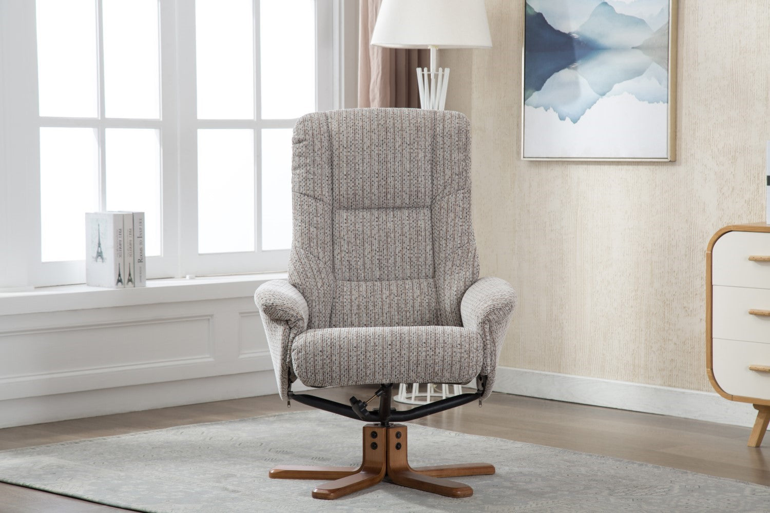 Wheat Fabric Swivel Recliner Chair with Footstool Oak Base