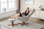 Wheat Fabric Swivel Recliner Chair with Footstool Oak Base - Home Furniture Interiors