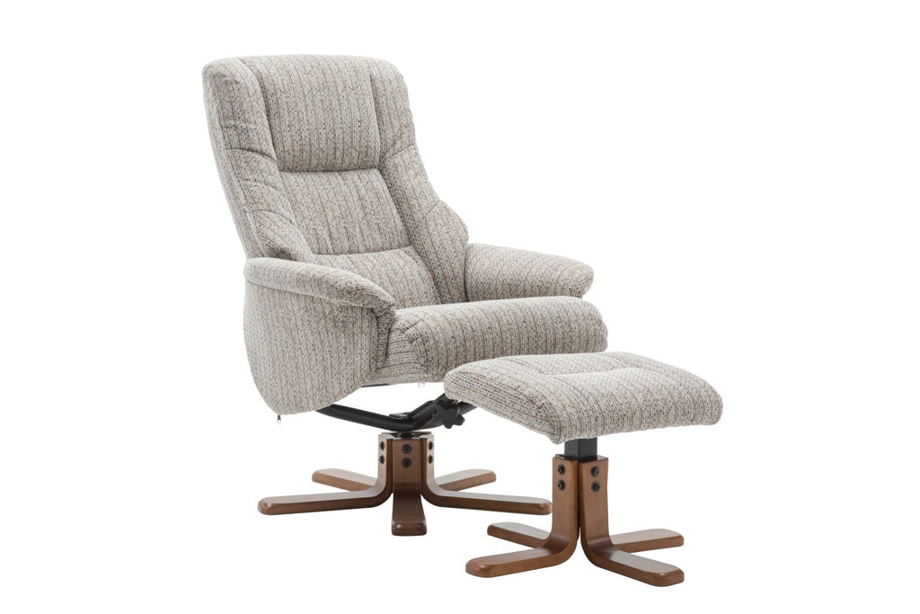 Wheat Fabric Swivel Recliner Chair with Footstool Oak Base