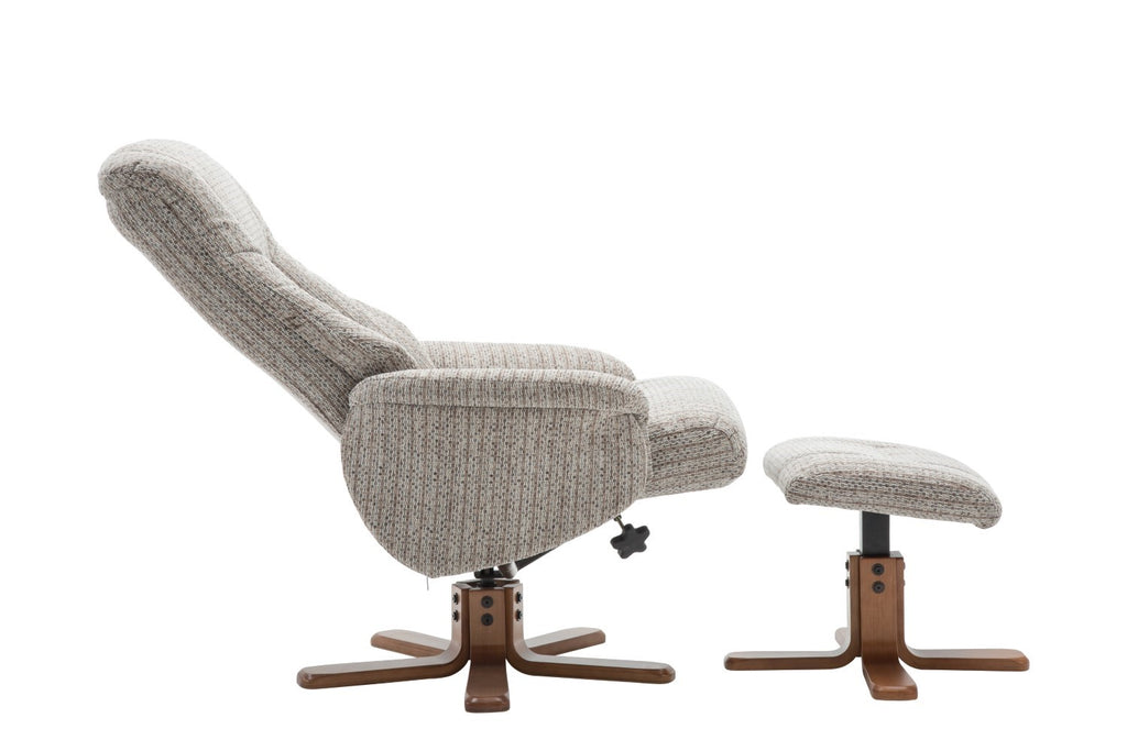 Wheat Fabric Swivel Recliner Chair with Footstool Oak Base