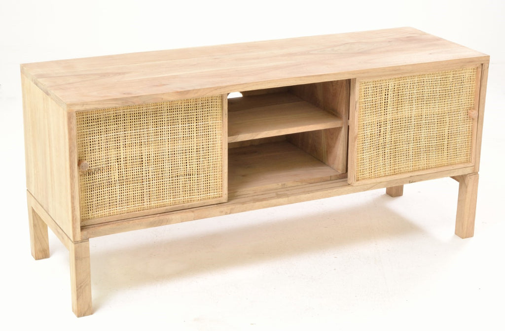 Rustic Natural Mindi Wood TV Unit with 2 Sliding Rattan Doors