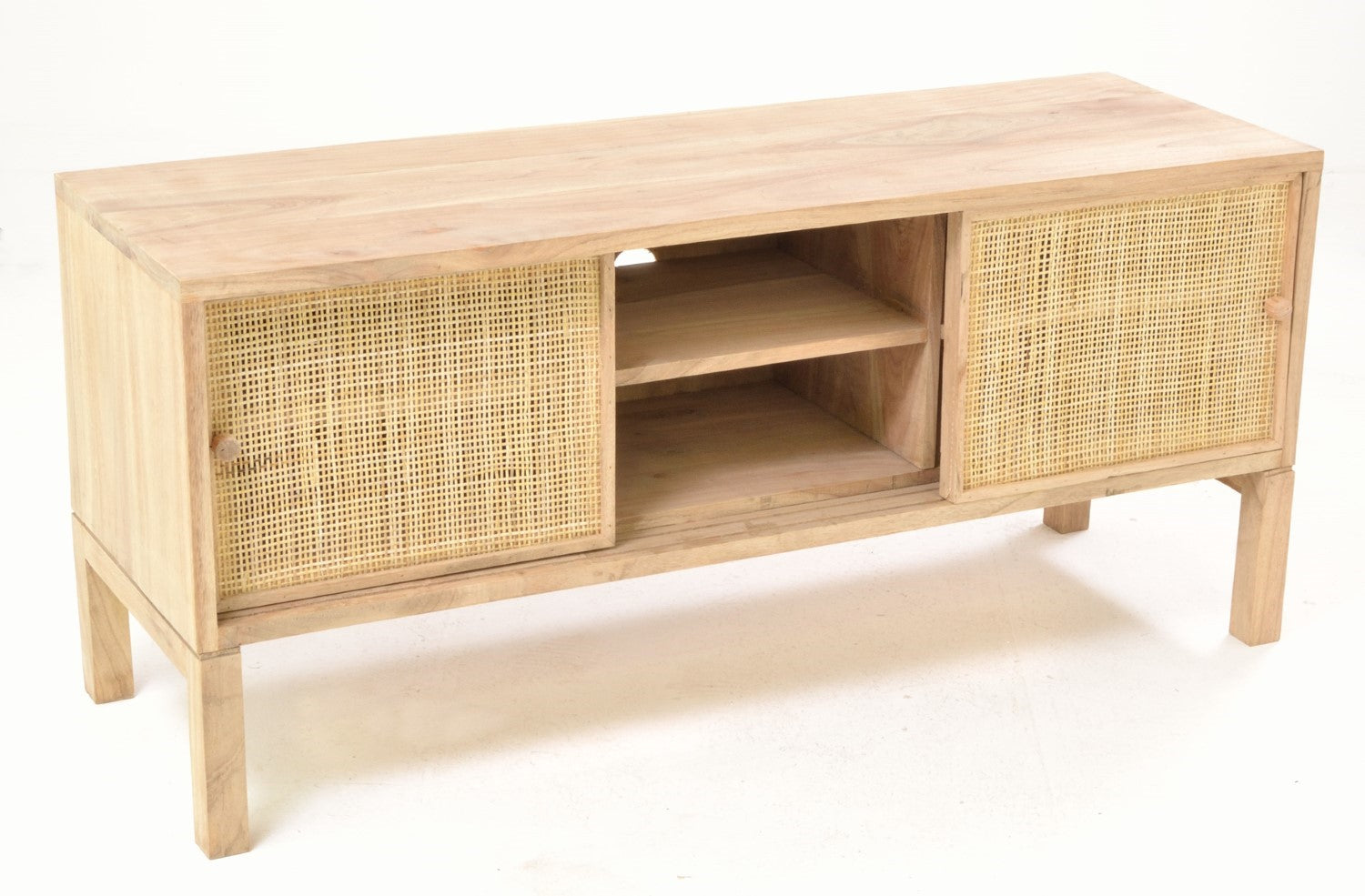 Rustic Natural Mindi Wood TV Unit with 2 Sliding Rattan Doors