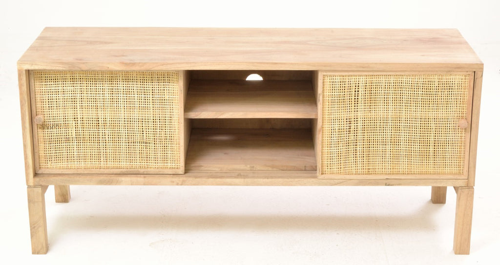Rustic Natural Mindi Wood TV Unit with 2 Sliding Rattan Doors