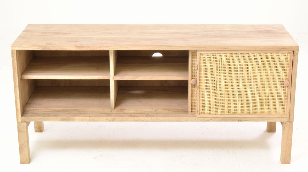 Rustic Natural Mindi Wood TV Unit with 2 Sliding Rattan Doors