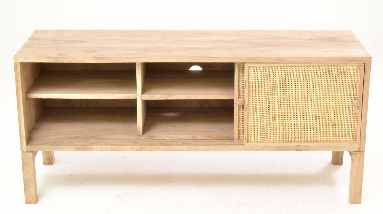 Rustic Natural Mindi Wood TV Unit with 2 Sliding Rattan Doors