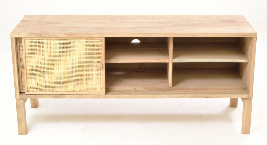 Rustic Natural Mindi Wood TV Unit with 2 Sliding Rattan Doors