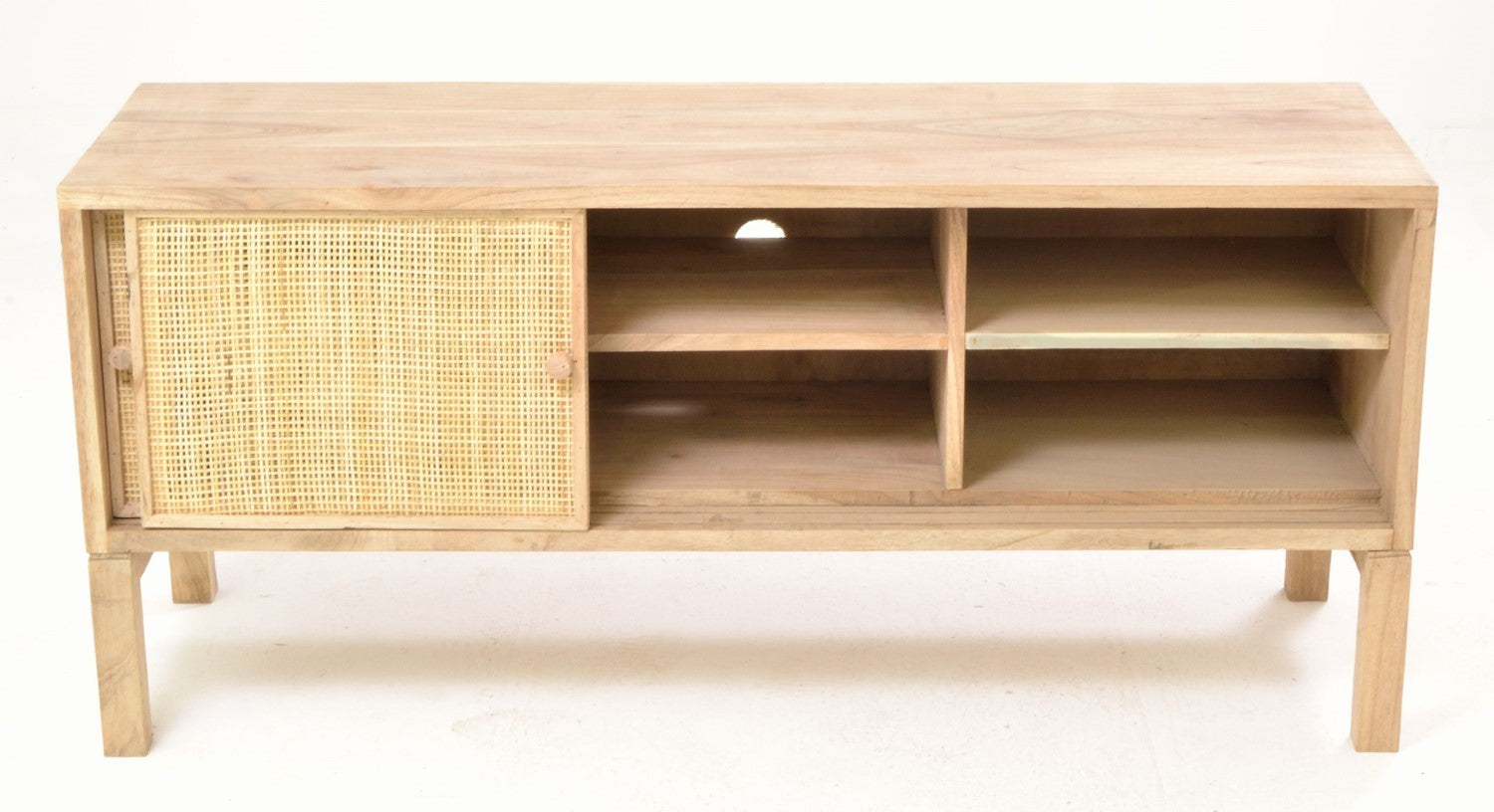Rustic Natural Mindi Wood TV Unit with 2 Sliding Rattan Doors