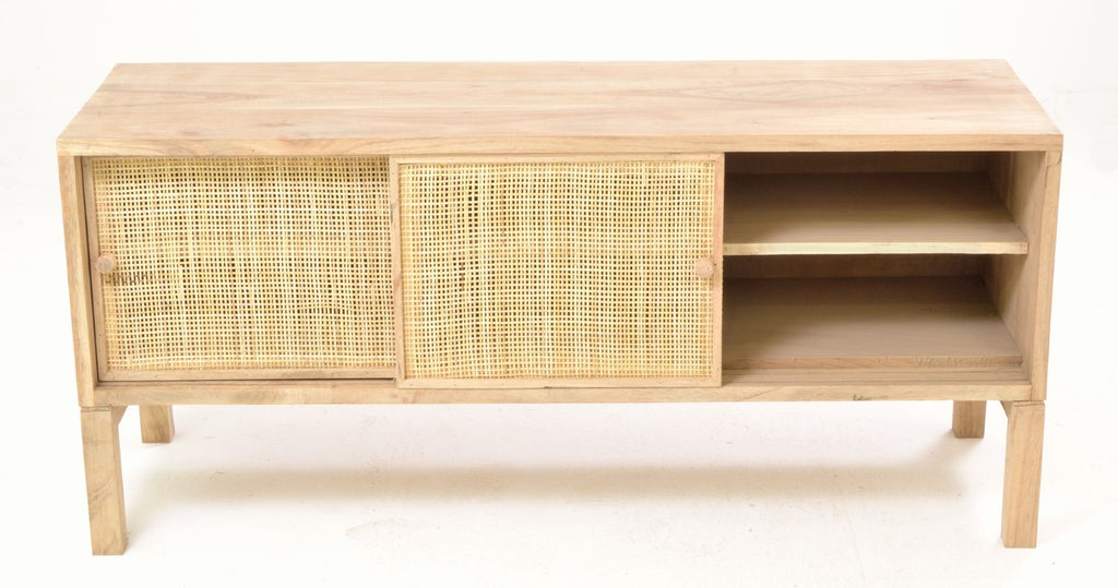 Rustic Natural Mindi Wood TV Unit with 2 Sliding Rattan Doors