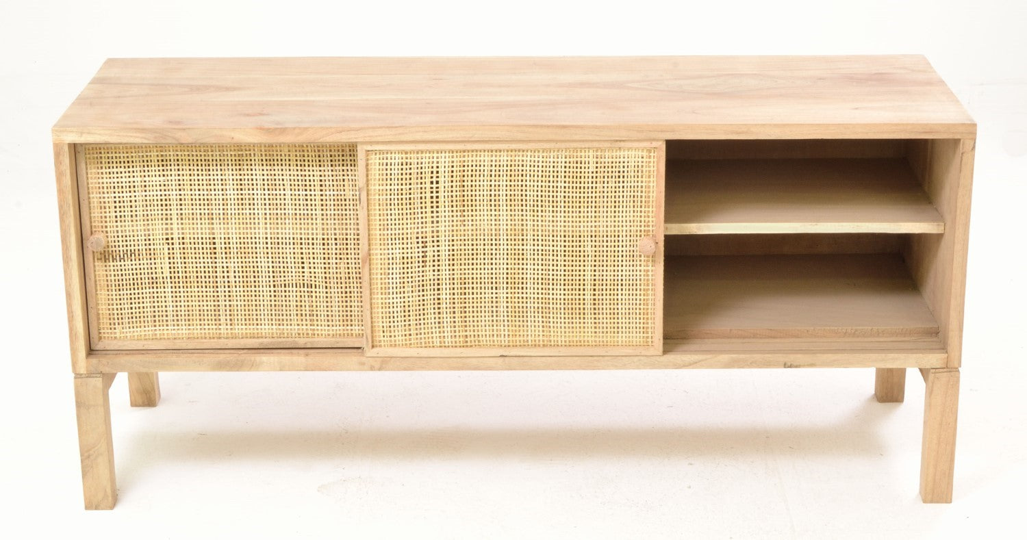 Rustic Natural Mindi Wood TV Unit with 2 Sliding Rattan Doors
