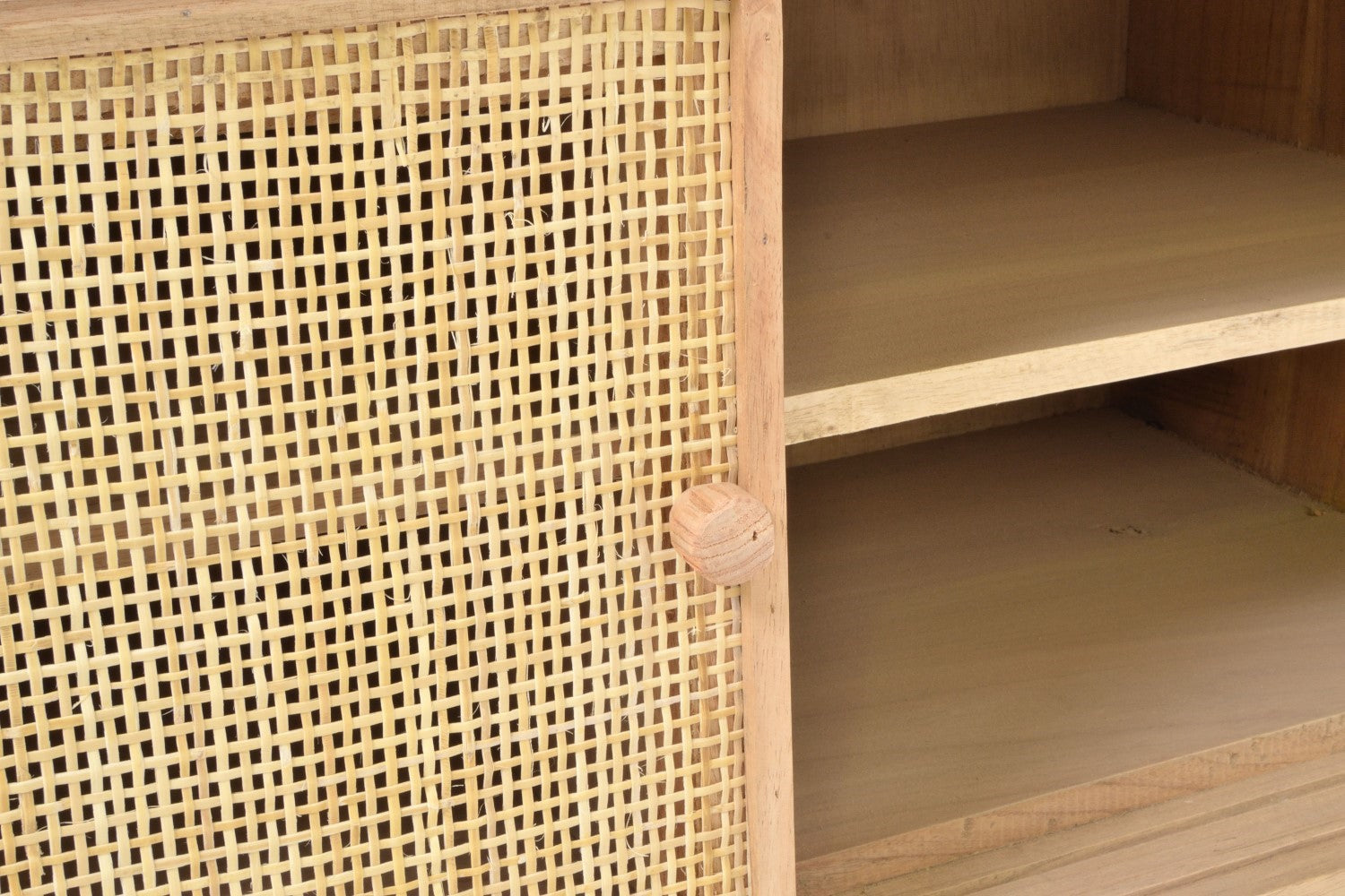 Rustic Natural Mindi Wood TV Unit with 2 Sliding Rattan Doors