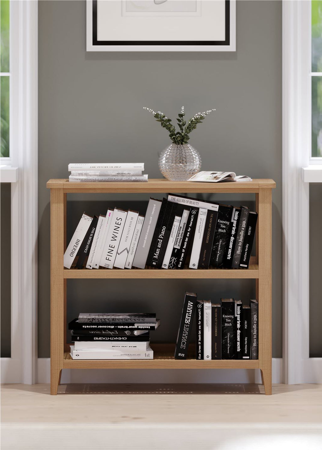 Natural Oak Low Open Bookcase with Canework Shelves