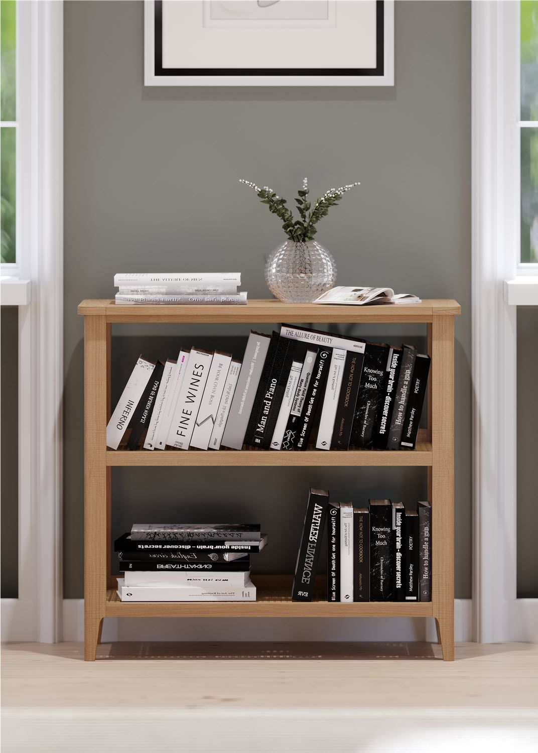 Natural Oak Low Open Bookcase with Canework Shelves