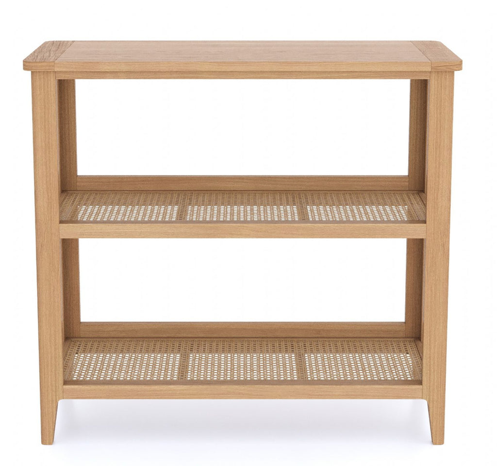 Natural Oak Low Open Bookcase with Canework Shelves - Home Furniture Interiors