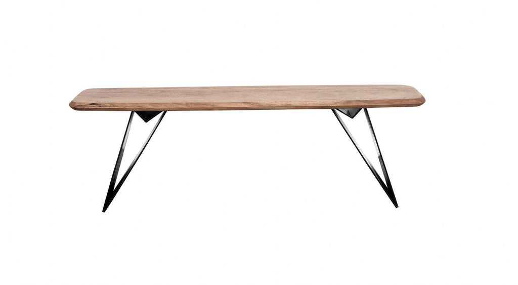 Industrial Natural Acacia Wood Dining Bench with Black Metal Legs - Home Furniture Interiors