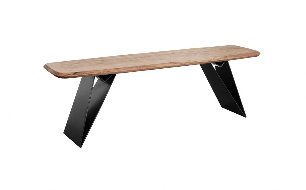 Industrial Natural Acacia Wood Dining Bench with Black Metal Legs - Home Furniture Interiors