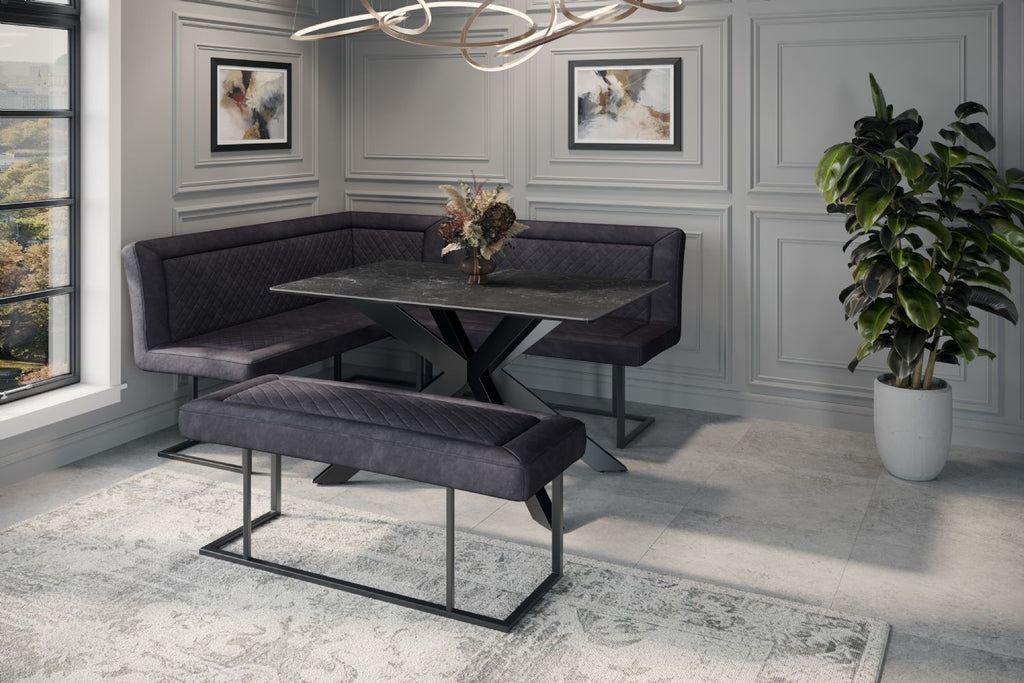 Modern Dark Grey Velvet Fabric Corner Sofa Dining Set with Black Iron Frame LHF