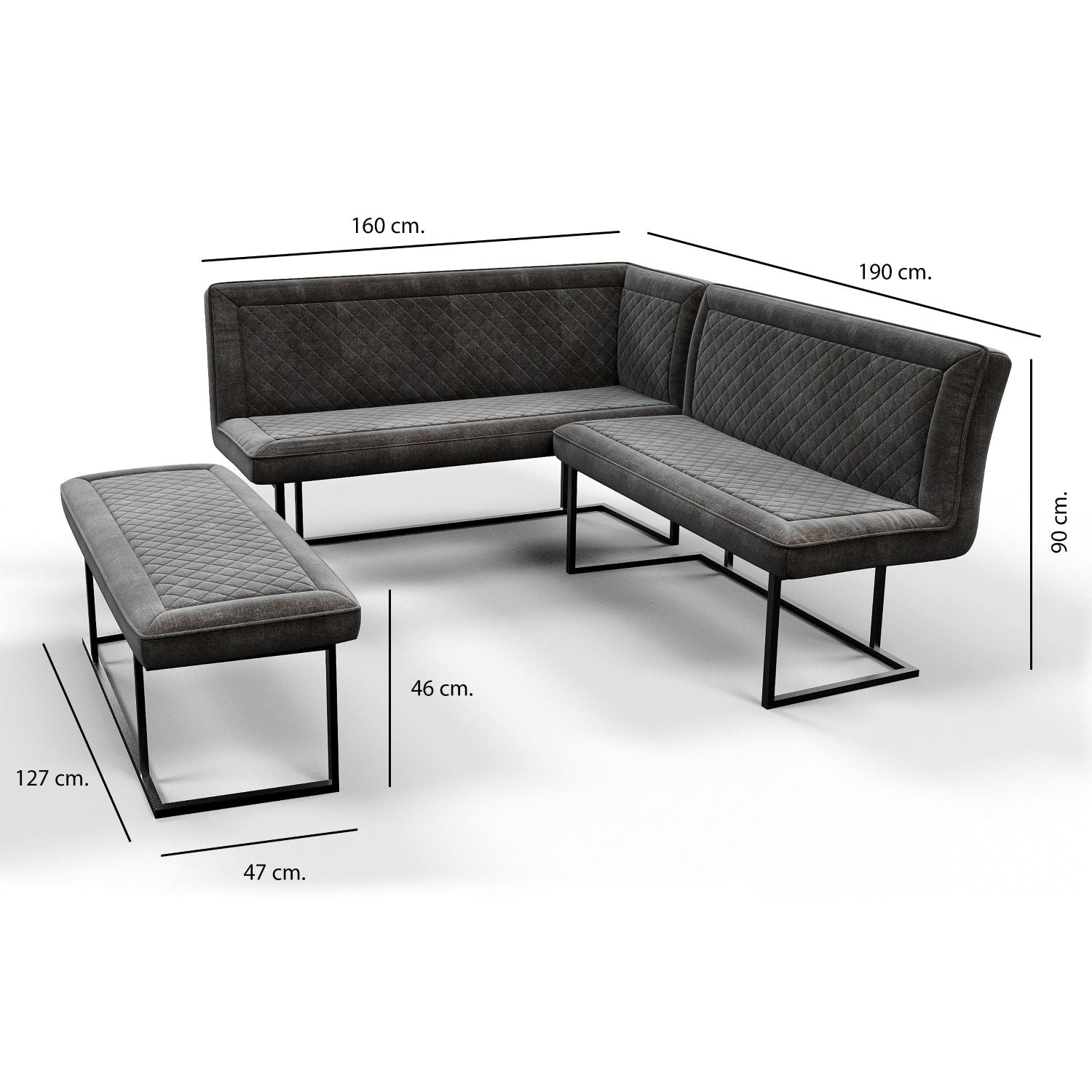 Modern Dark Grey Velvet Fabric Corner Sofa Dining Set with Black Iron Frame LHF - Home Furniture Interiors