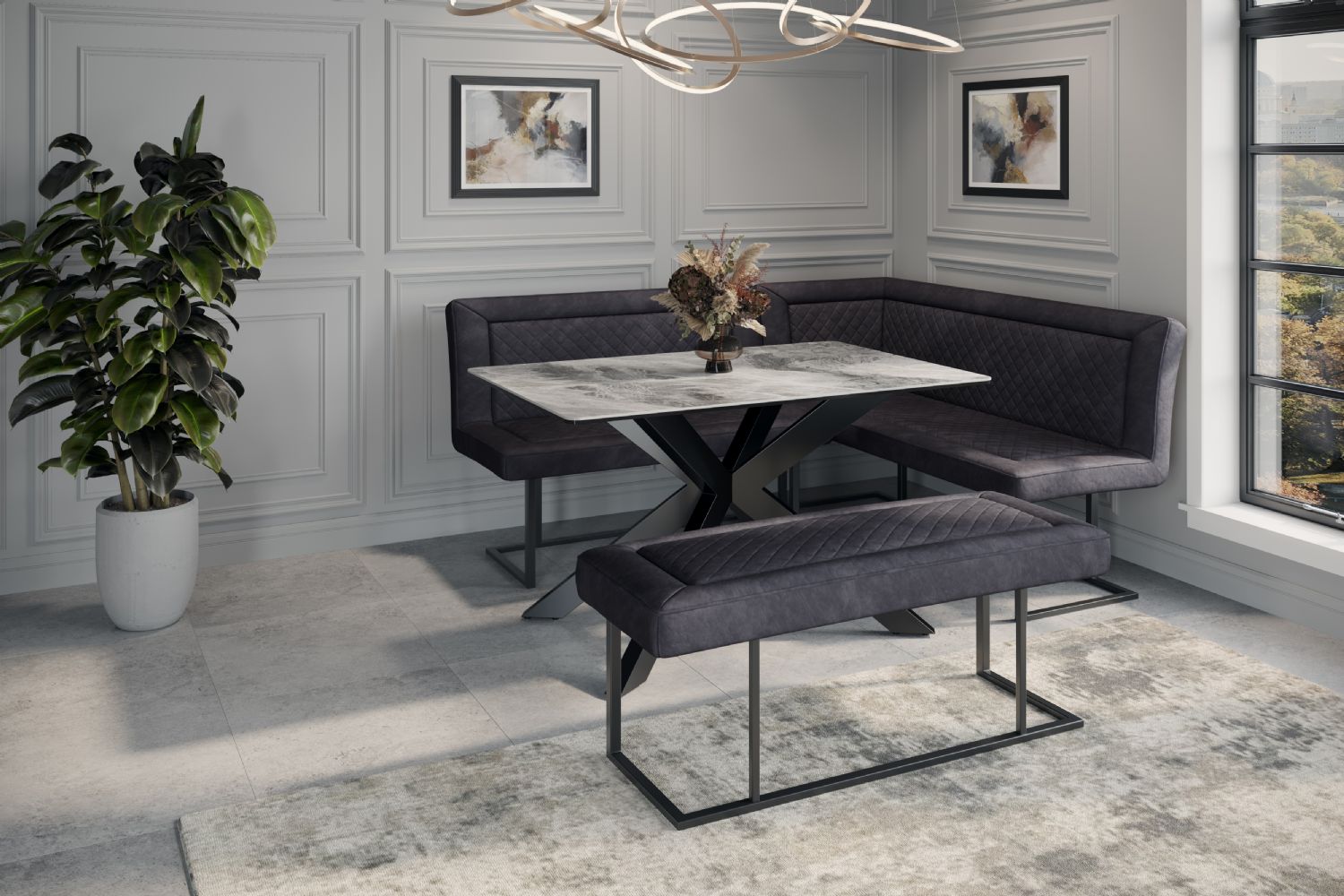 Modern Dark Grey Velvet Fabric Corner Sofa Dining Set with Black Iron Frame RHF