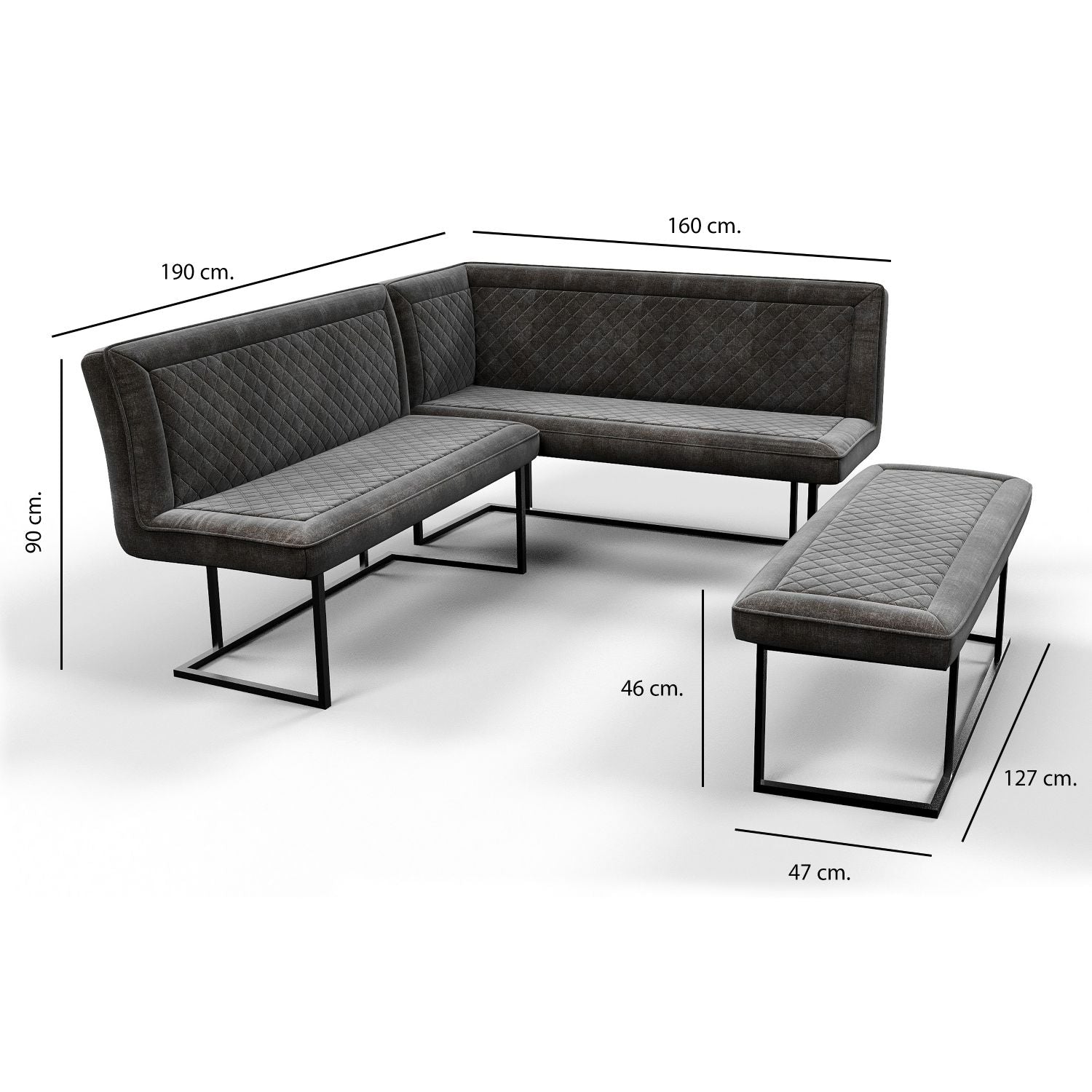 Modern Dark Grey Velvet Fabric Corner Sofa Dining Set with Black Iron Frame RHF - Home Furniture Interiors