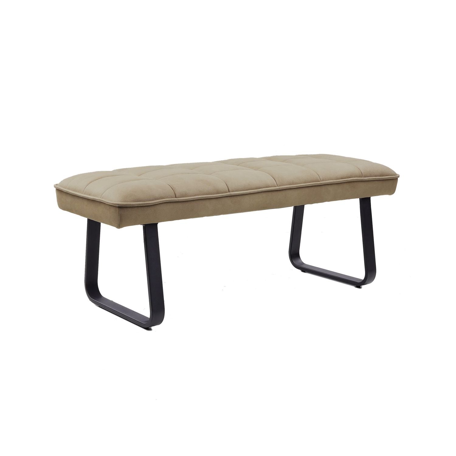 Modern Quilted Taupe Upholstered Low Dining Bench with Black Metal Loop Legs - Home Furniture Interiors