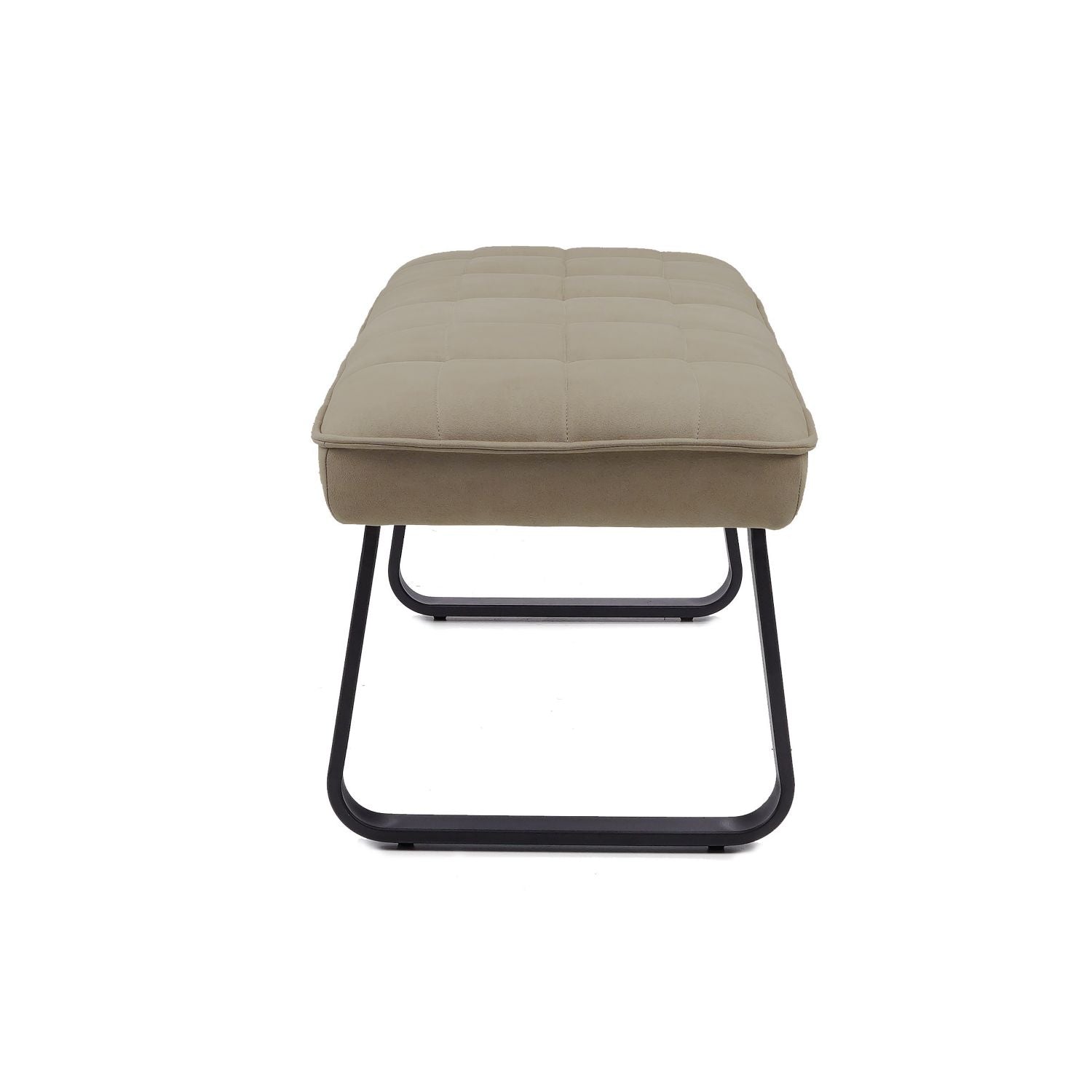Modern Quilted Taupe Upholstered Low Dining Bench with Black Metal Loop Legs - Home Furniture Interiors