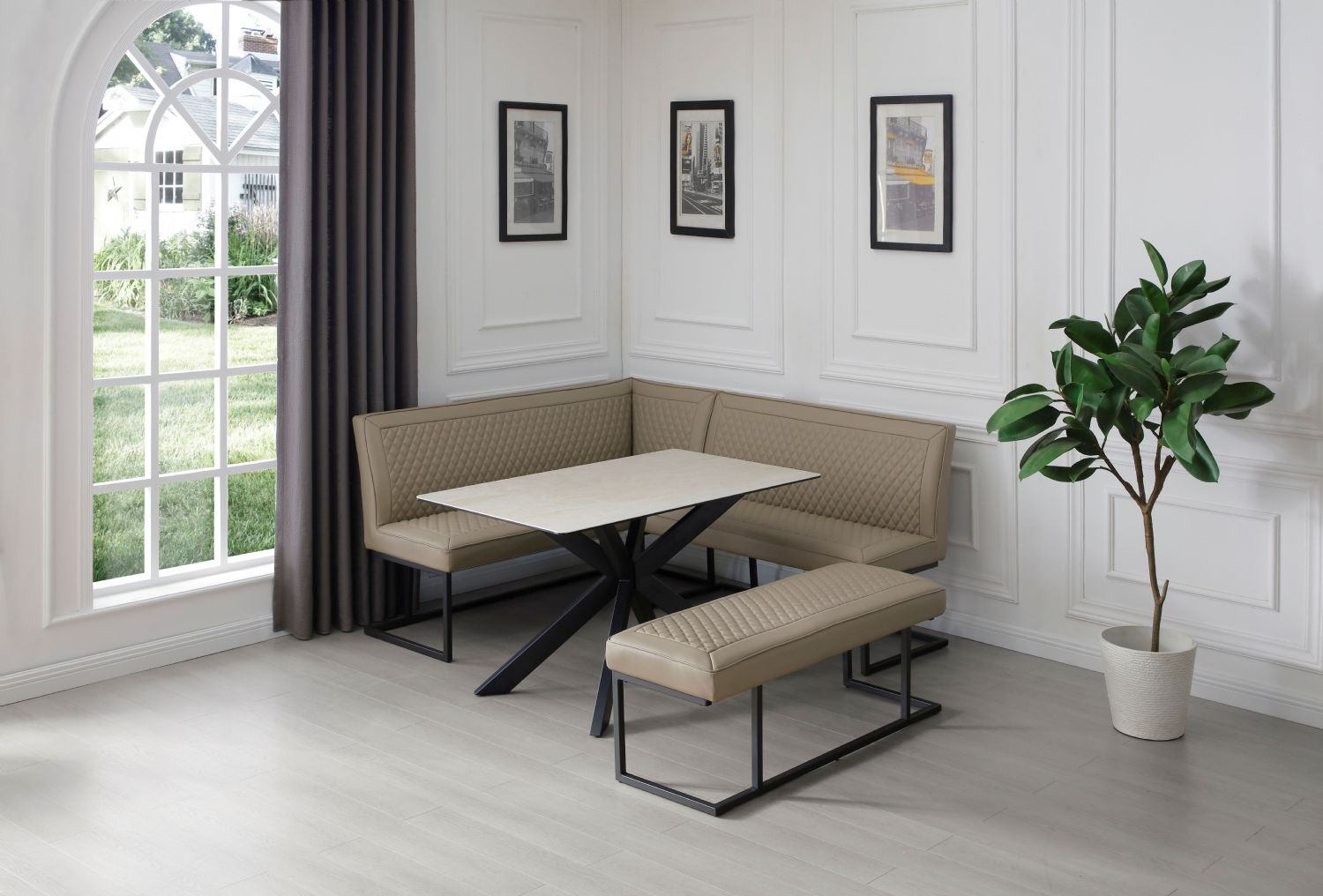 Modern Taupe PU Leather Corner Sofa Dining Set with Black Iron Frame LHF