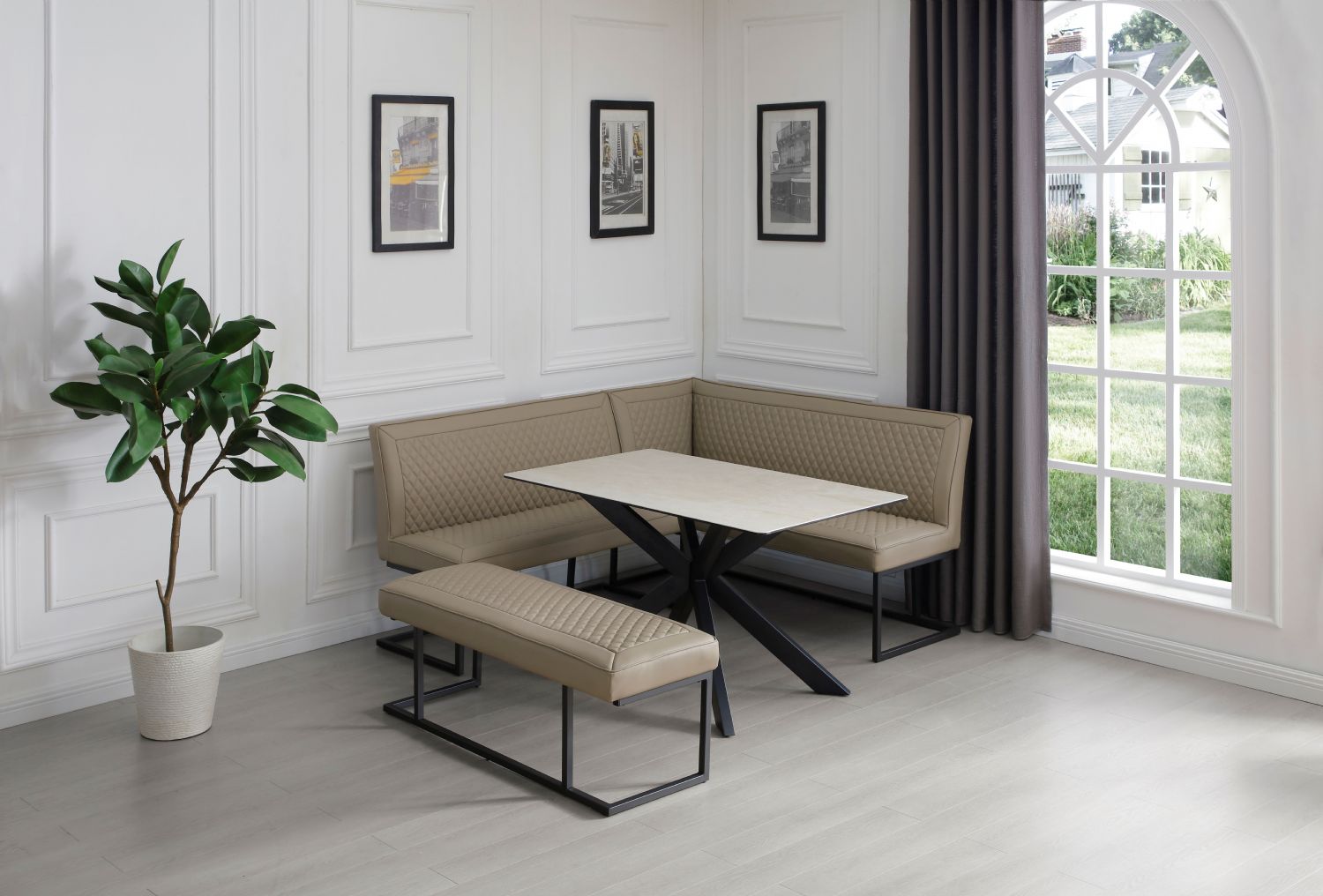 Modern Taupe PU Leather Corner Sofa Dining Set with Black Iron Frame RHF