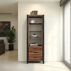 Industrial Sheesham Wood and Black Iron Tall Bookcase with Three Drawers