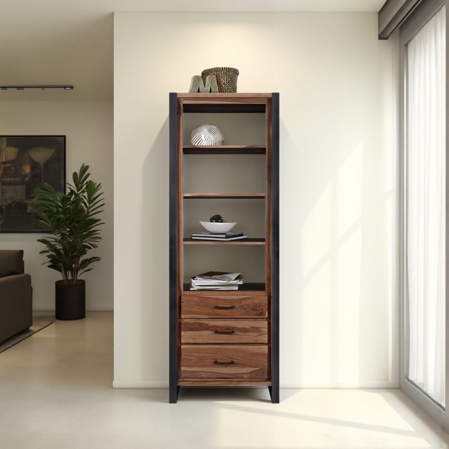 Industrial Sheesham Wood and Black Iron Tall Bookcase with Three Drawers