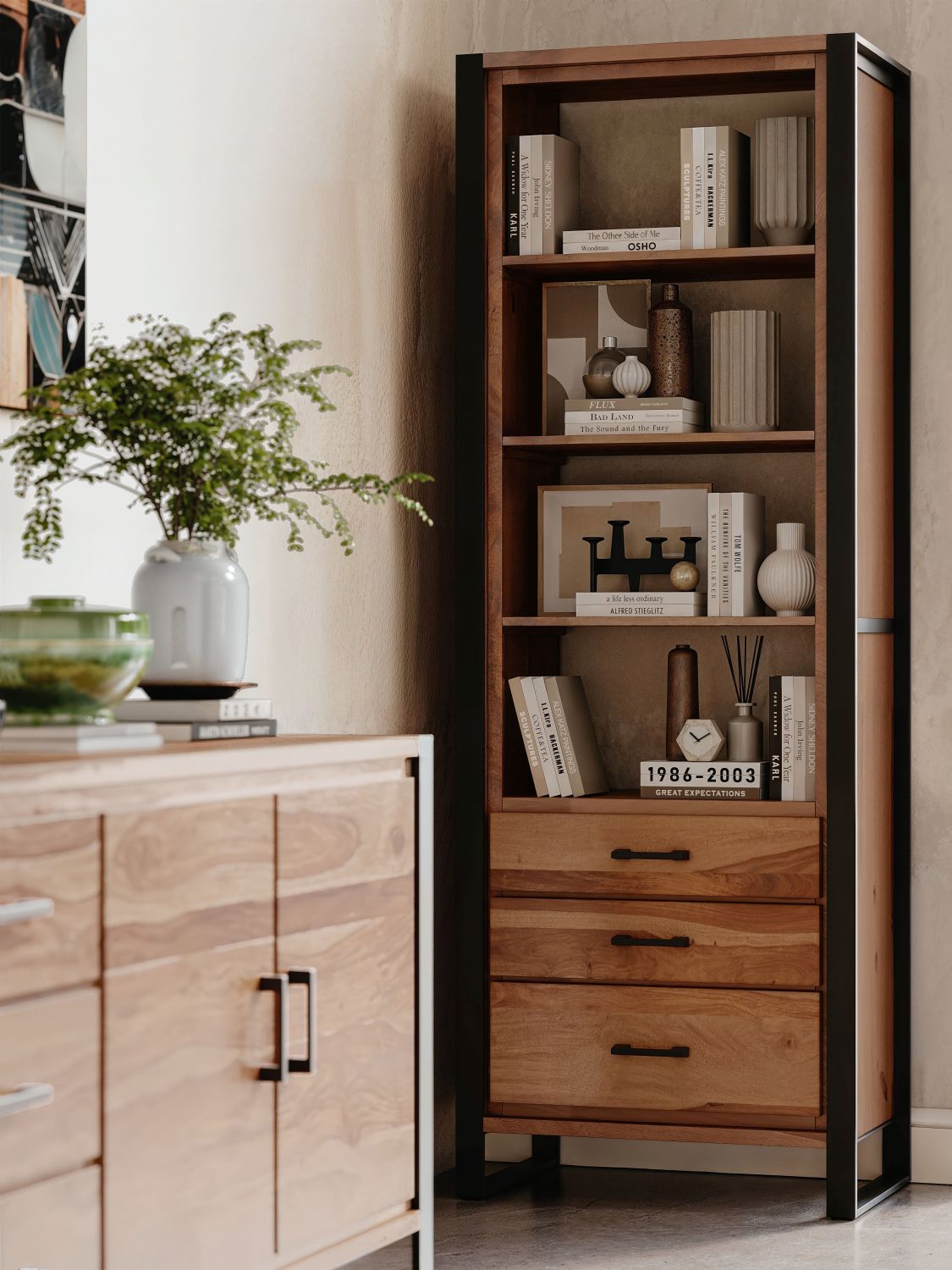Industrial Sheesham Wood and Black Iron Tall Bookcase with Three Drawers - Home Furniture Interiors