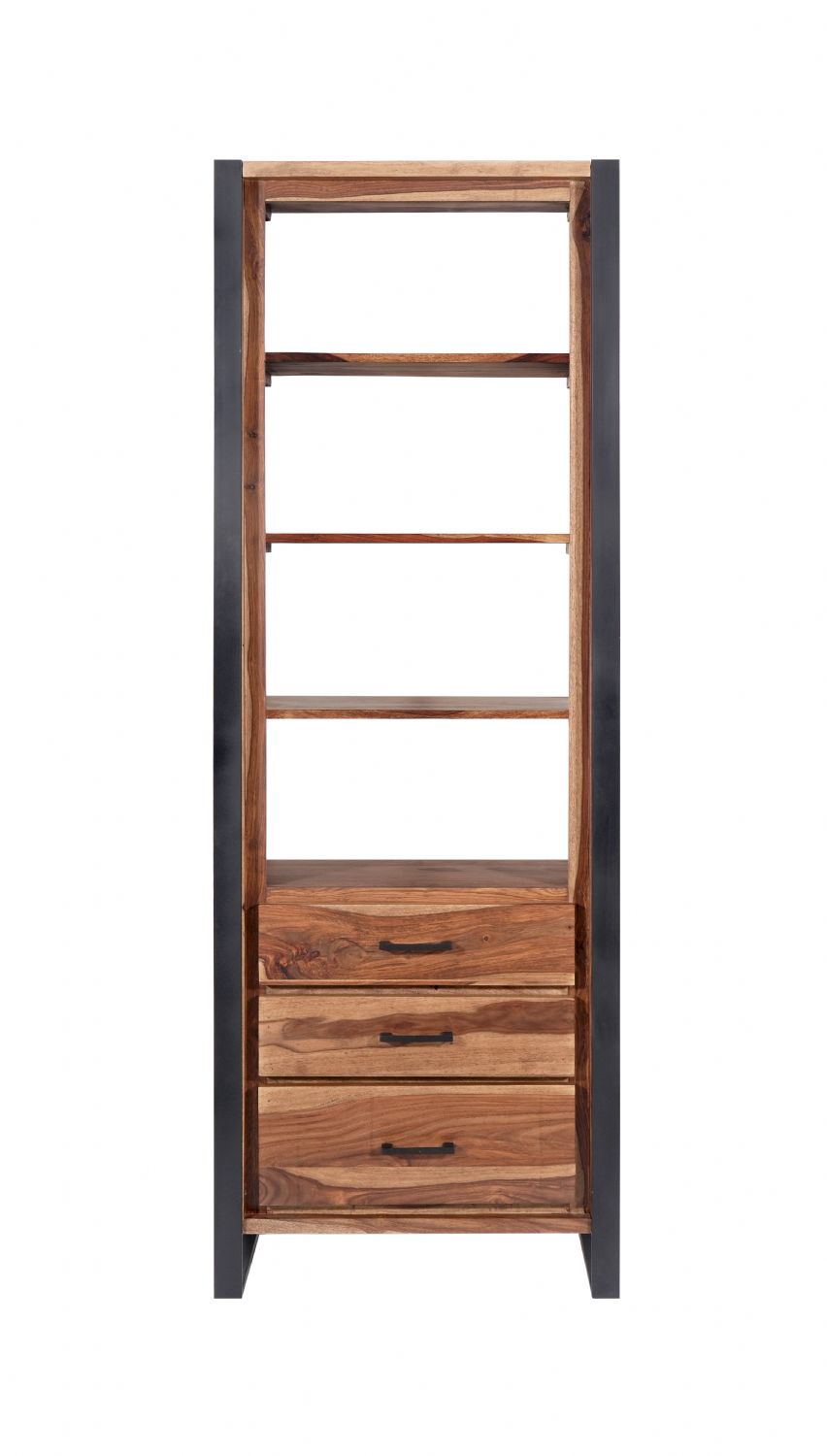 Industrial Sheesham Wood and Black Iron Tall Bookcase with Three Drawers - Home Furniture Interiors