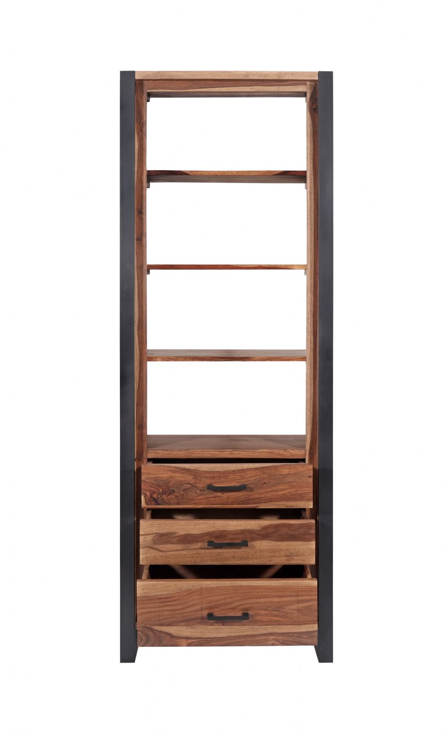 Industrial Sheesham Wood and Black Iron Tall Bookcase with Three Drawers - Home Furniture Interiors